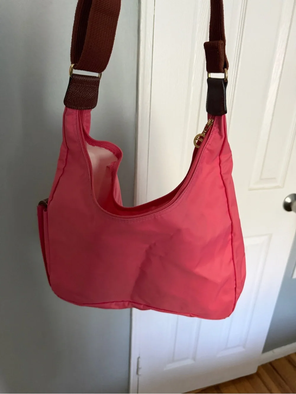 Longchamp Pink Nylon Hobo with Brown Trim and Adjustable Strap